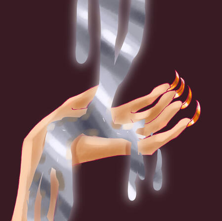 A clawed hand held out, palm up, with liquid silver dripping onto it from above.